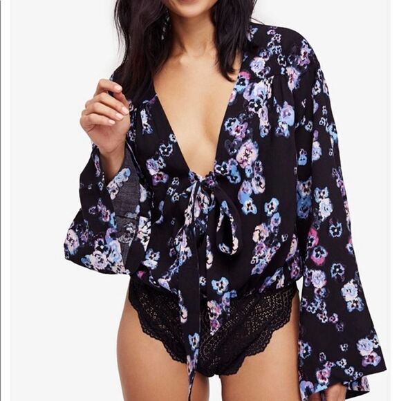 Free People Forties Feels Women Pansy Floral Purple Long Sleeve Bodysuit XSmall - Picture 1 of 9